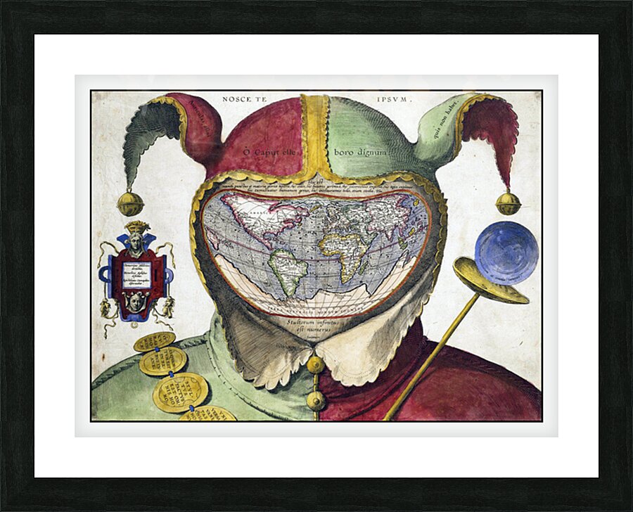 16th Century Fool’s Cap Map of the World – Renaissance Allegorical World Map Depicting the Globe as a Jester’s Head Symbolizing the Vanity of Human Knowledge and the Philosophical Spirit of the Age of Discovery Picture Frame print