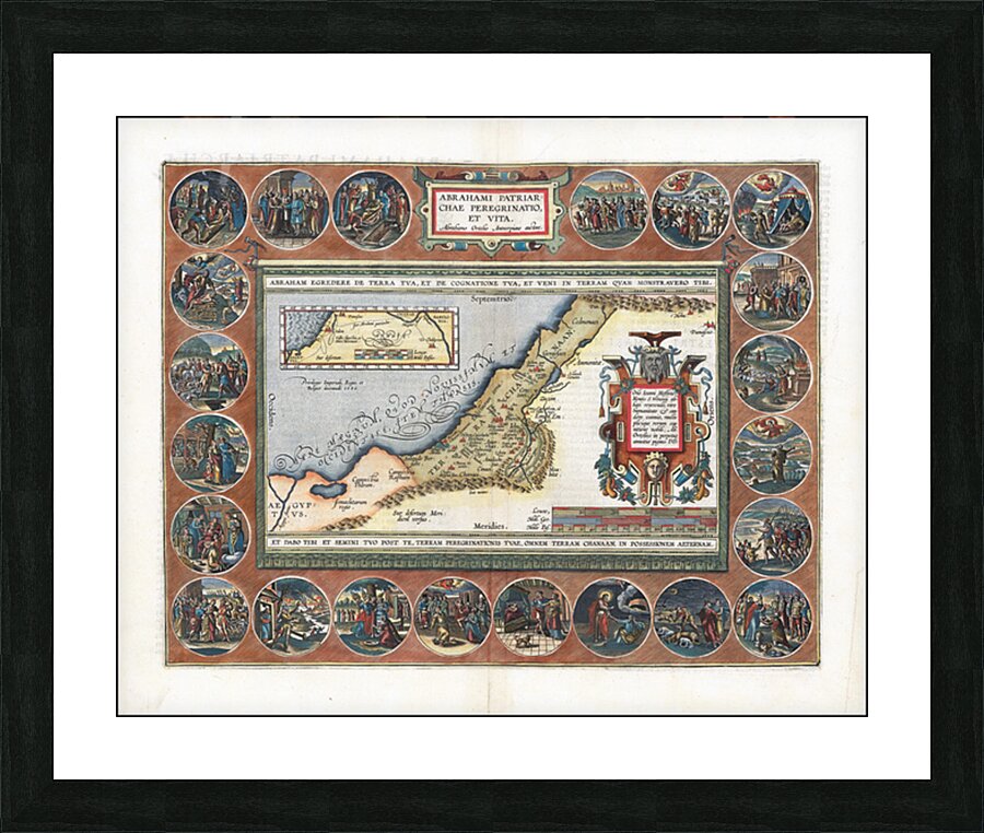 1608 Map of the Holy Land Depicting the Life of Abraham by Abraham Ortelius – Biblical Map Illustrating Sacred Geography Ancient Cities and Biblical Routes Across Canaan Judaea and the Near East in Ortelius’ Theological Atlas Picture Frame print