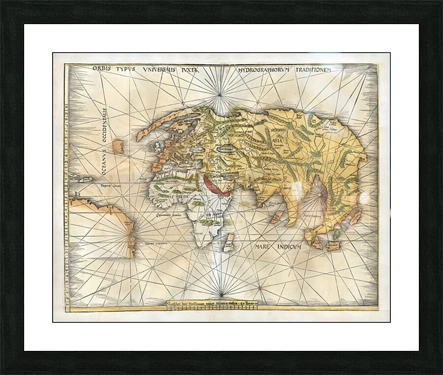 1513 Martin Waldseemuller World Map – Early Renaissance World Map Depicting Continents Oceans and Exploration Routes Based on Ptolemaic Geography Reflecting the European View of the Globe in the Early 16th Century Picture Frame print