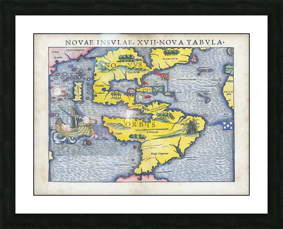 1540 Sebastian Munster Map of America – Renaissance Map Depicting North and South America Coastal Regions Rivers and Early European Knowledge of the New World Reflecting Cartography During the Age of Discovery Picture Frame print