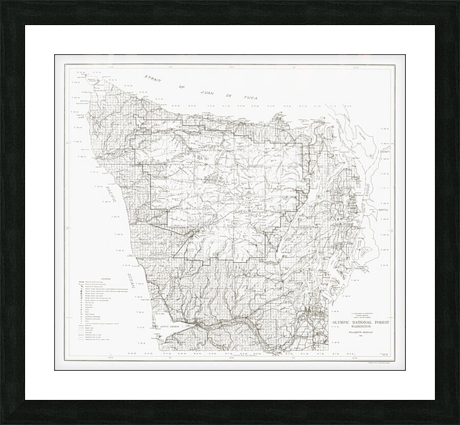 1915 Forestry Map of the Olympic National Forest – Early 20th-Century Map Depicting Trails Rivers Campsites and Logging Areas Reflecting U.S. Forest Service Management Conservation and the Natural Geography of Washington State Picture Frame print