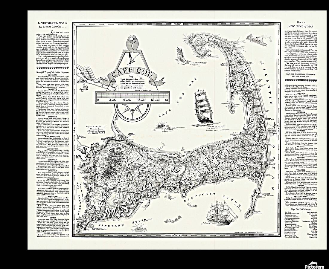 Pictorial Map of Cape Cod Massachusetts Featuring Illustrated Landmarks ...