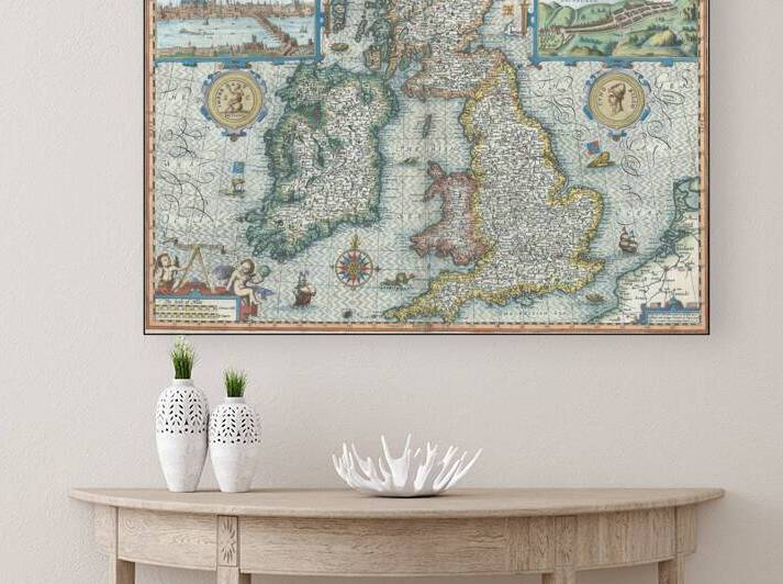 1611 Decorative Map of the British Isles by John Speed Featuring English Irish and Scottish Regions Alongside Heraldry Town Views and Political Boundaries of Early 17th Century Britain by History In Your Home