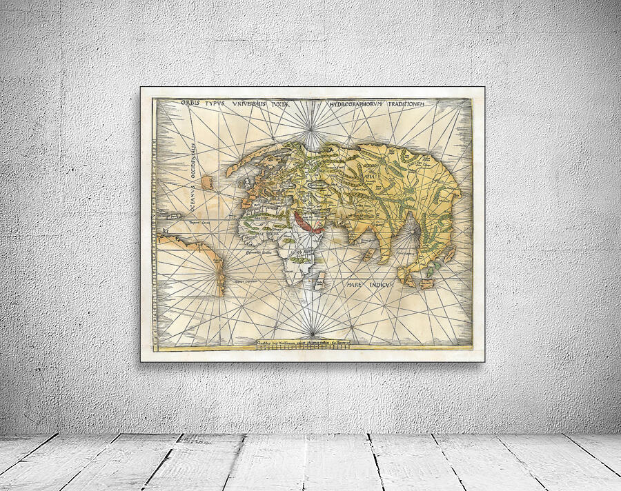 1513 Martin Waldseemuller World Map – Early Renaissance World Map Depicting Continents Oceans and Exploration Routes Based on Ptolemaic Geography Reflecting the European View of the Globe in the Early 16th Century Wall Preview