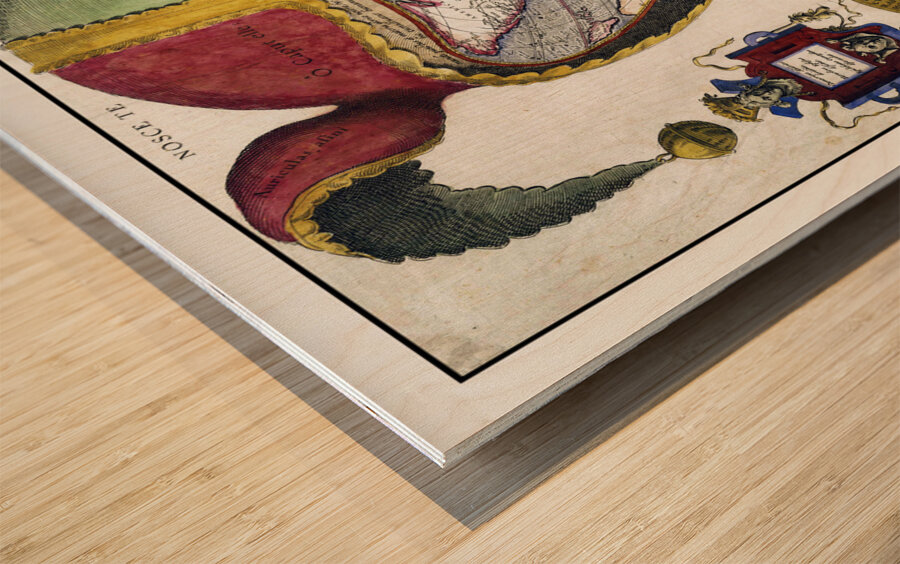 16th Century Fool’s Cap Map of the World – Renaissance Allegorical World Map Depicting the Globe as a Jester’s Head Symbolizing the Vanity of Human Knowledge and the Philosophical Spirit of the Age of Discovery Wood print