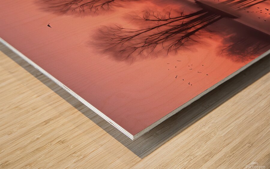 A serene ethereal landscape at dawn where Wood print