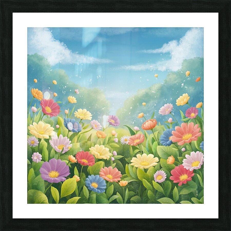a serene and peaceful scene of a lush garden fill Picture Frame print
