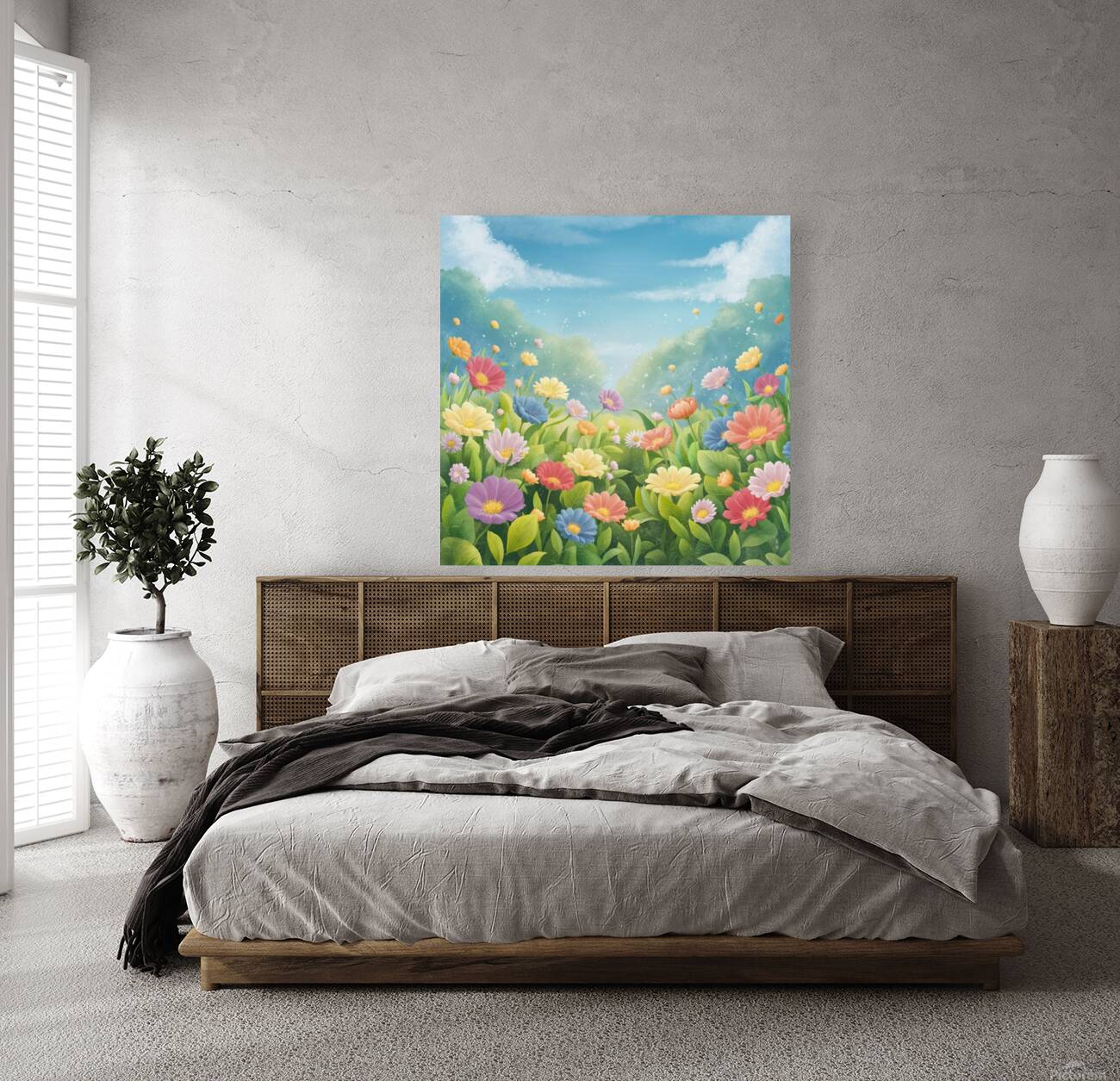 a serene and peaceful scene of a lush garden fill Reproduction