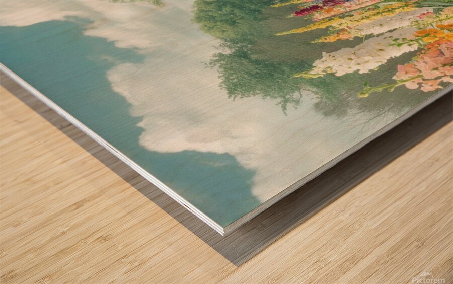 a soothing photograph of a tranquil garden filled Wood print