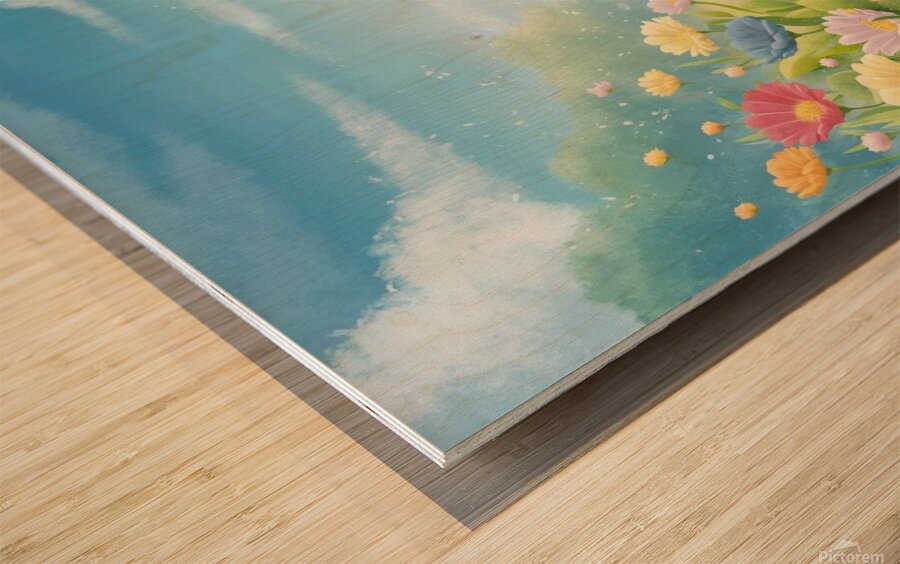 a serene and peaceful scene of a lush garden fill Wood print