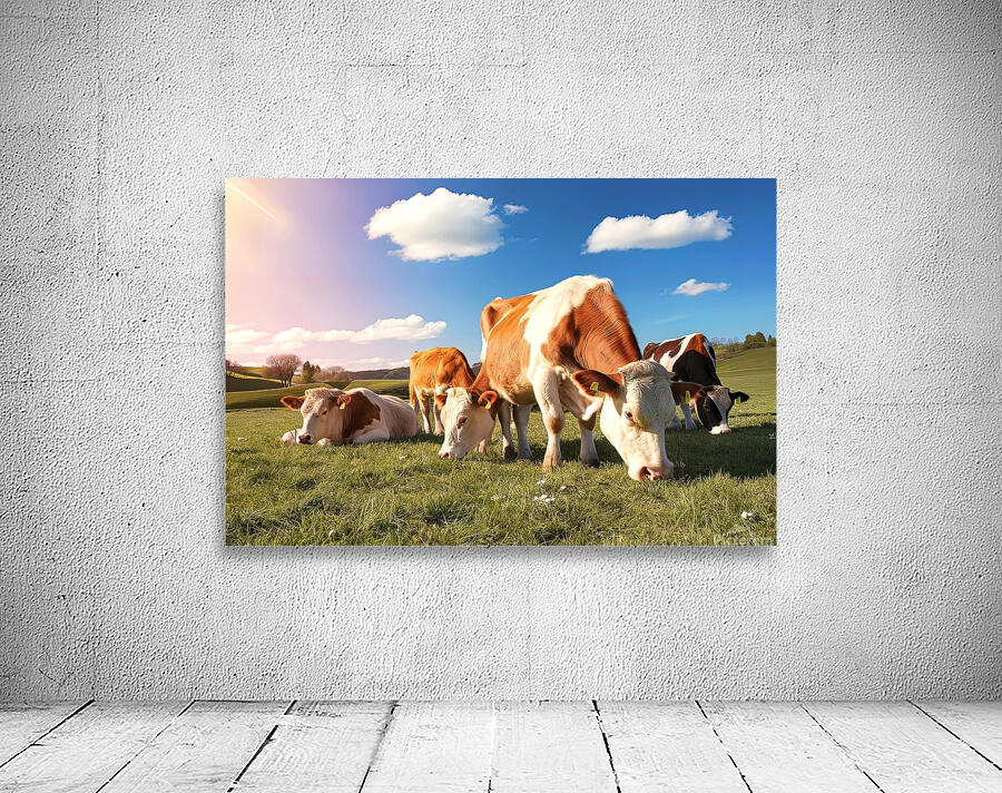 Cows and calves grazing on a spring meadow in sun by Anghel Viorel Wall Art