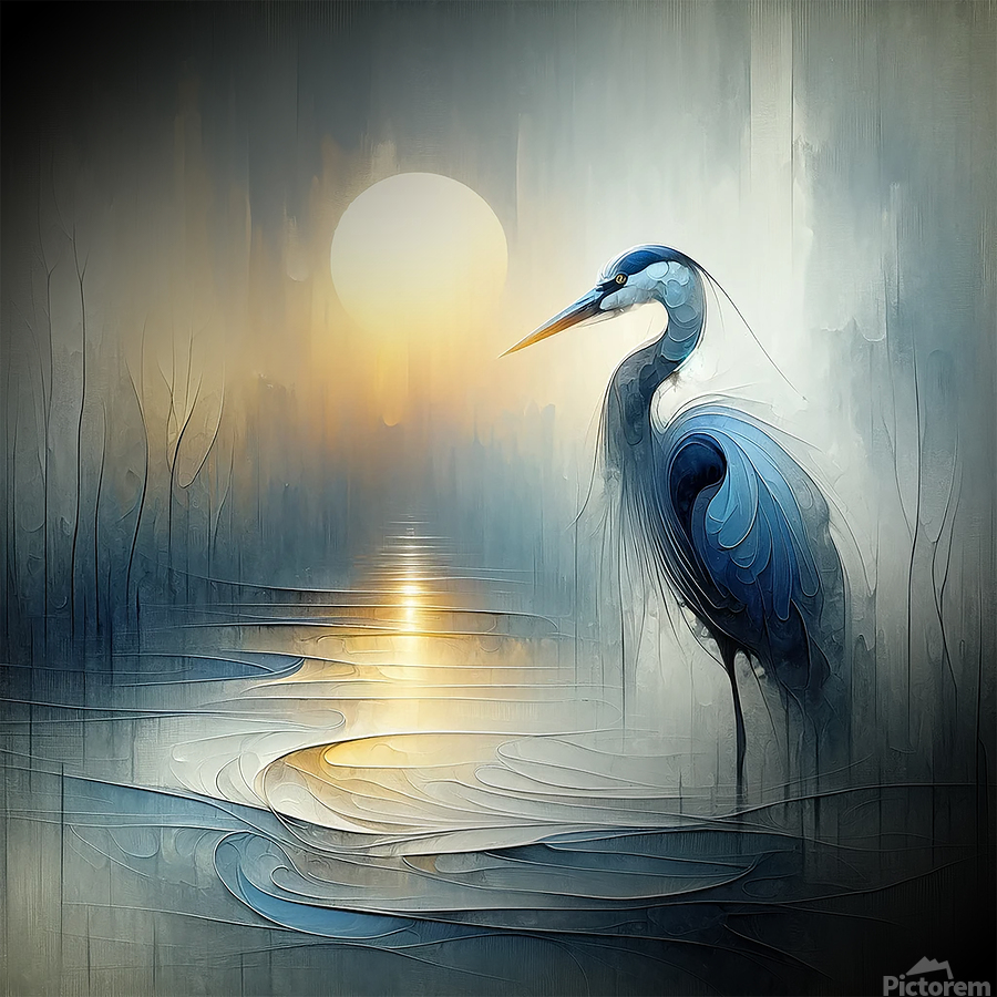Elegant blue heron standing in misty water at sunrise with soft reflections and flowing abstract lines, serene digital wildlife art illustration.