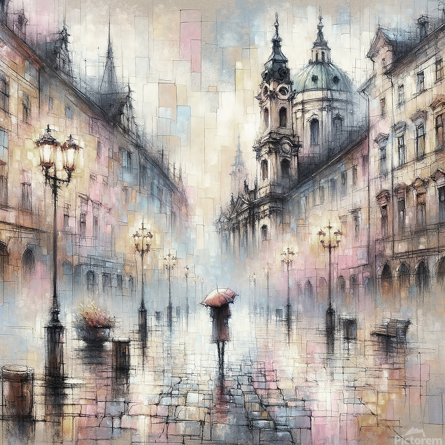 Romantic European city street art featuring a lone figure with an umbrella walking through a misty, pastel-toned historic square, illuminated by vintage street lamps and classical architecture in a dreamy, impressionist style.