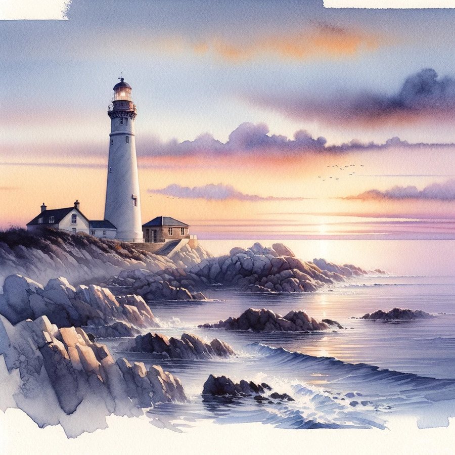 Serene coastal lighthouse at sunset with pastel skies, rocky shoreline, and gentle ocean waves, peaceful seascape illustration.