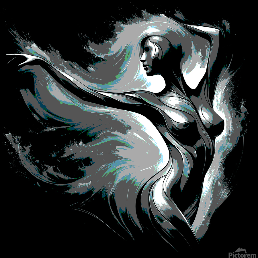 “Elegant monochrome abstract artwork of a graceful female silhouette in motion, with flowing, wind-swept forms and shimmering silver and teal accents against a deep black background, creating a sense of freedom, energy, and modern sophistication.”