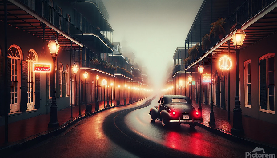 A misty New Orleans street glows under warm lantern light as a vintage coupe glides along rain-slicked pavement, neon signs reflecting in the curves of the road. Wrought-iron balconies and palm silhouettes frame the scene, creating a cinematic, timeless mood where nostalgia, motion, and city romance meet.