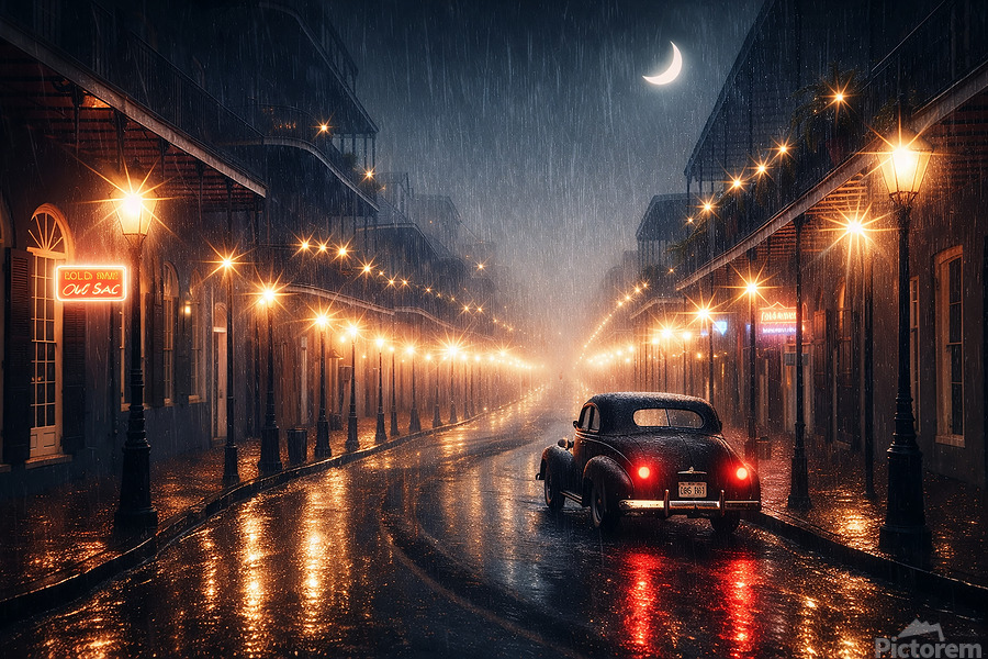 A rain-soaked New Orleans street glows with starburst lights and reflections, as a vintage car disappears into the night beneath a crescent moon
