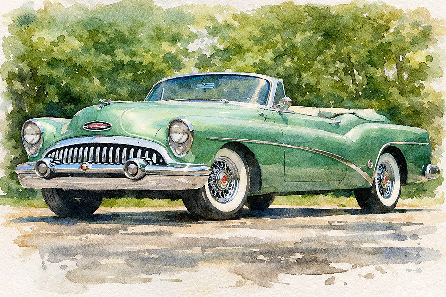 This 1953 Buick Skylark convertible is rendered in soft watercolor tones