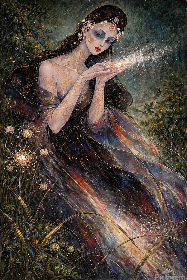 A serene, dreamlike figure in flowing robes gently cradles a soft glow, set against a lush, painterly backdrop of deep greens and muted golds