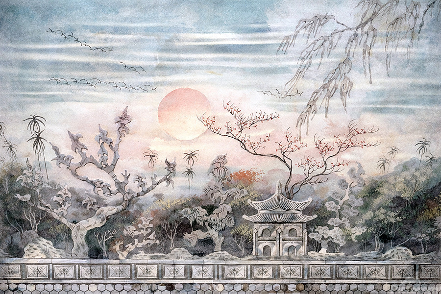 A softly muted alcohol-ink landscape drifts into view, where pale sunrise light, delicate trees, and a quiet pavilion emerge from mist.png