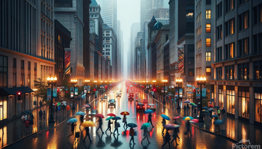 A cinematic city street in the rain, where glowing streetlights, reflections, and colorful umbrellas capture urban movement, atmosphere, and modern romance.