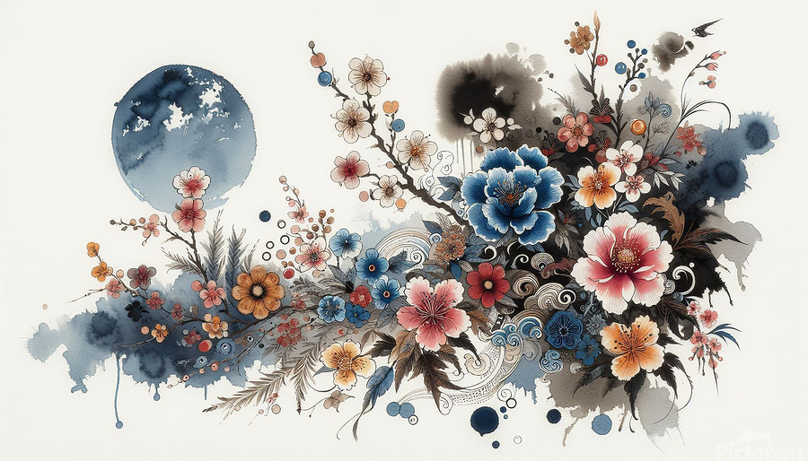 Floral Ink Symphony - A graceful fusion of ink, watercolor, and bloom—where delicate florals drift through flowing washes, balancing softness, movement, and quiet harmony.