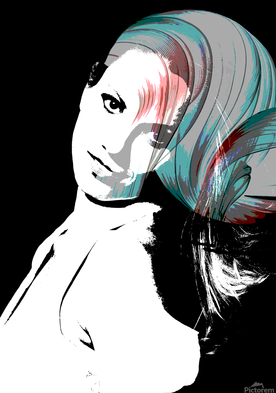 Stylized pop-art portrait of a woman with flowing abstract teal and coral brushstrokes on a black background, modern digital art illustration.