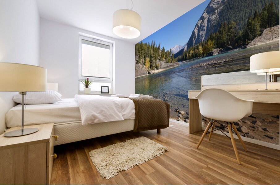 Banff Bow River shore and mountains Mural print