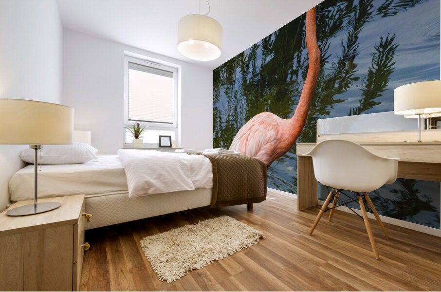 Pink flamingo in pond Mural print