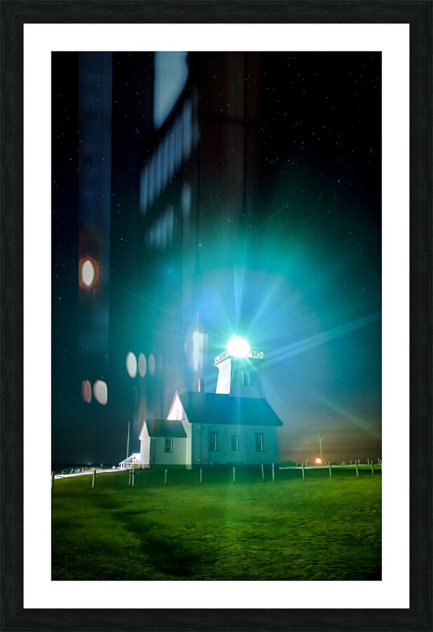 Wood island lighthouse PEI night with moon rise Picture Frame print