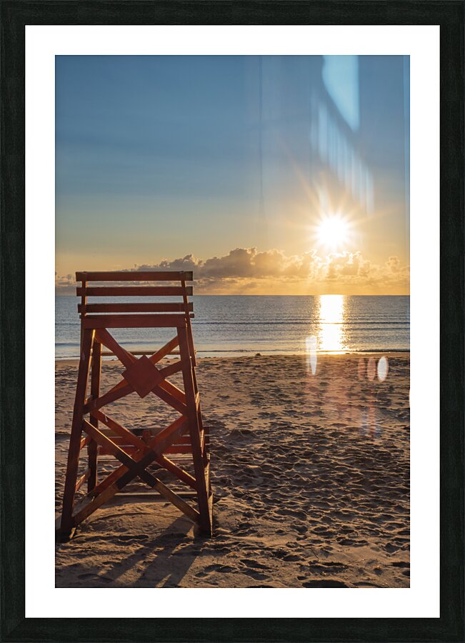 Lifeguard chair with early morning PEI beach sunrise. Picture Frame print