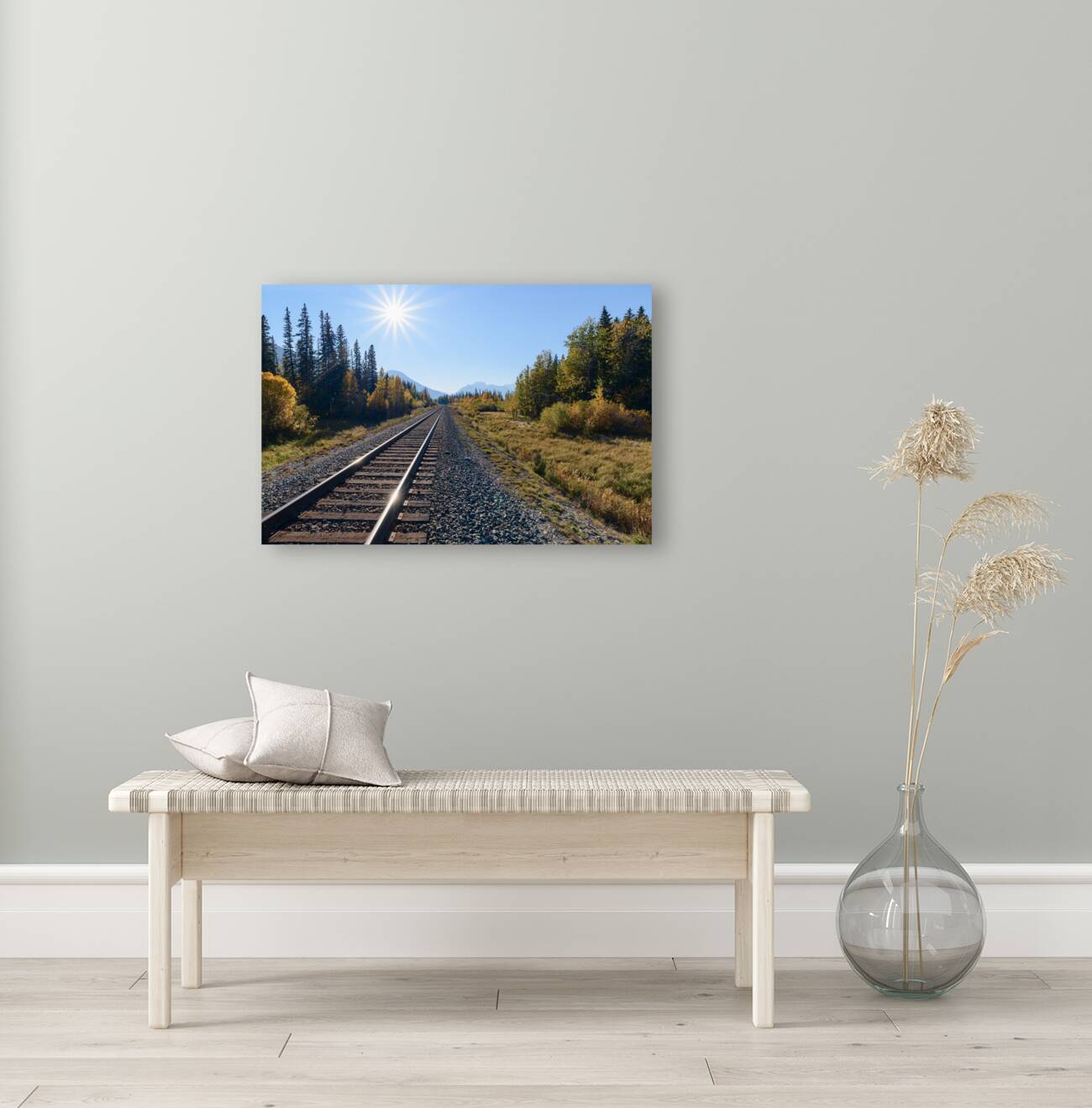 Banff train tracks with sun mountains 3 Reproduction