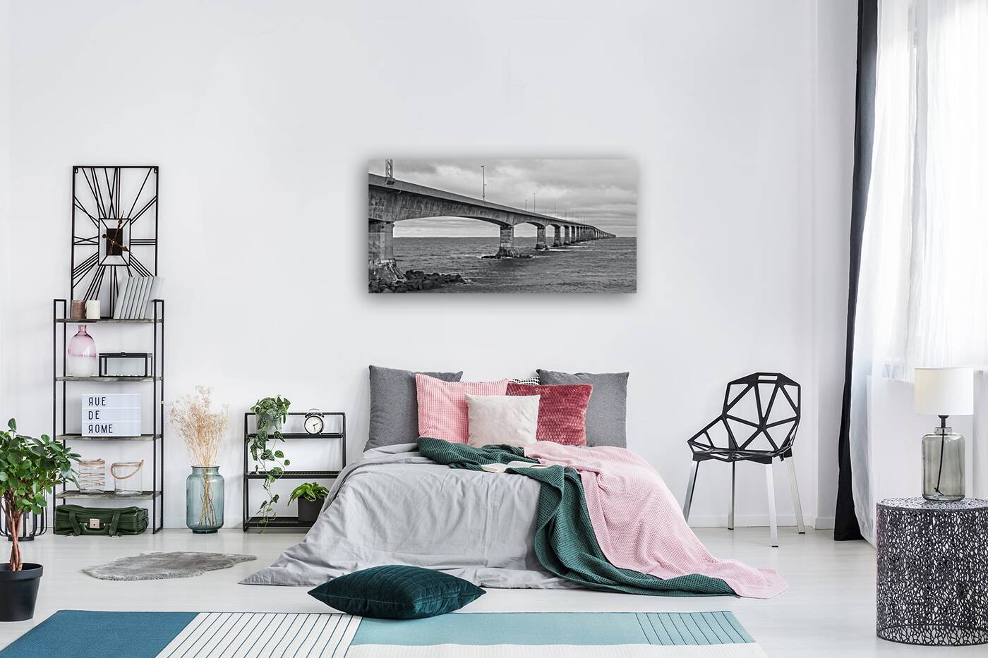 Confederation bridge in black and white wide view PEI Reproduction