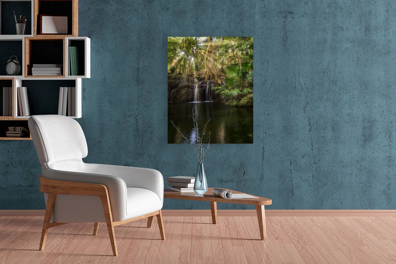 Jungle tree waterfall sunrays Reproduction