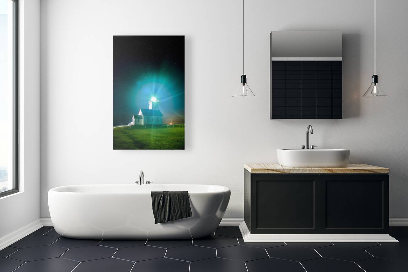 Wood island lighthouse PEI night with moon rise Reproduction