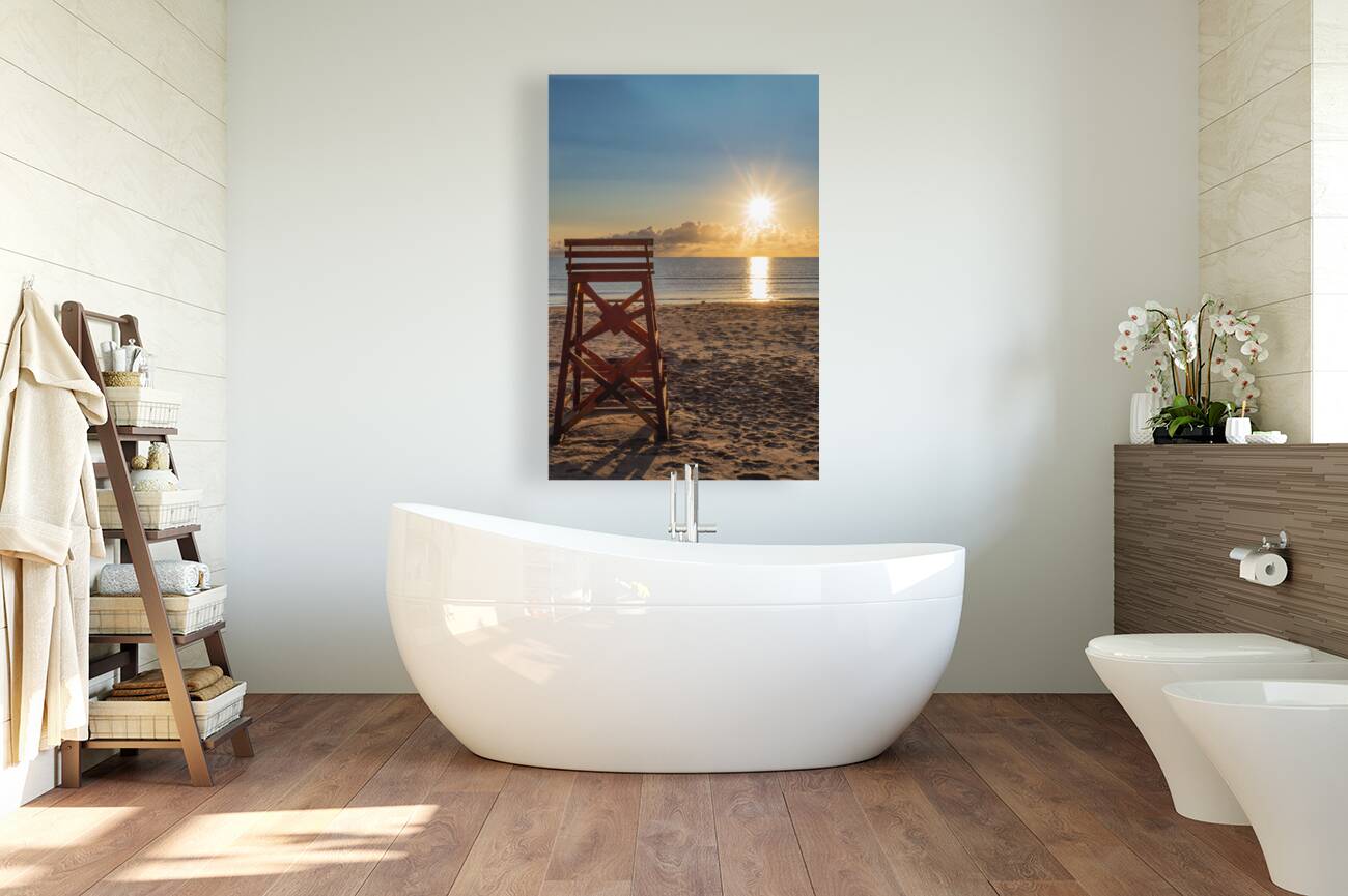 Lifeguard chair with early morning PEI beach sunrise. Reproduction
