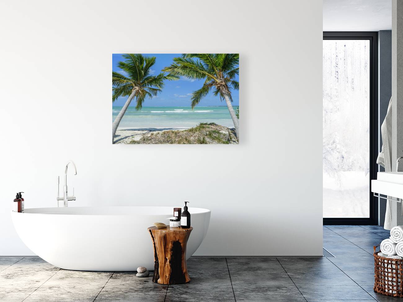 Cuban beach with 2 palmtrees Reproduction