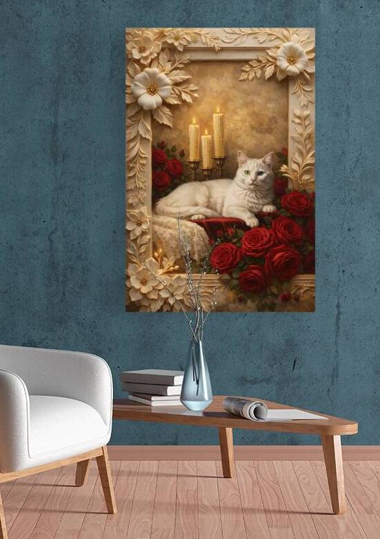 Classic Oil Painting of a White Heterochromia Cat Surrounded by Red Roses in an Ornate Frame by doradesing