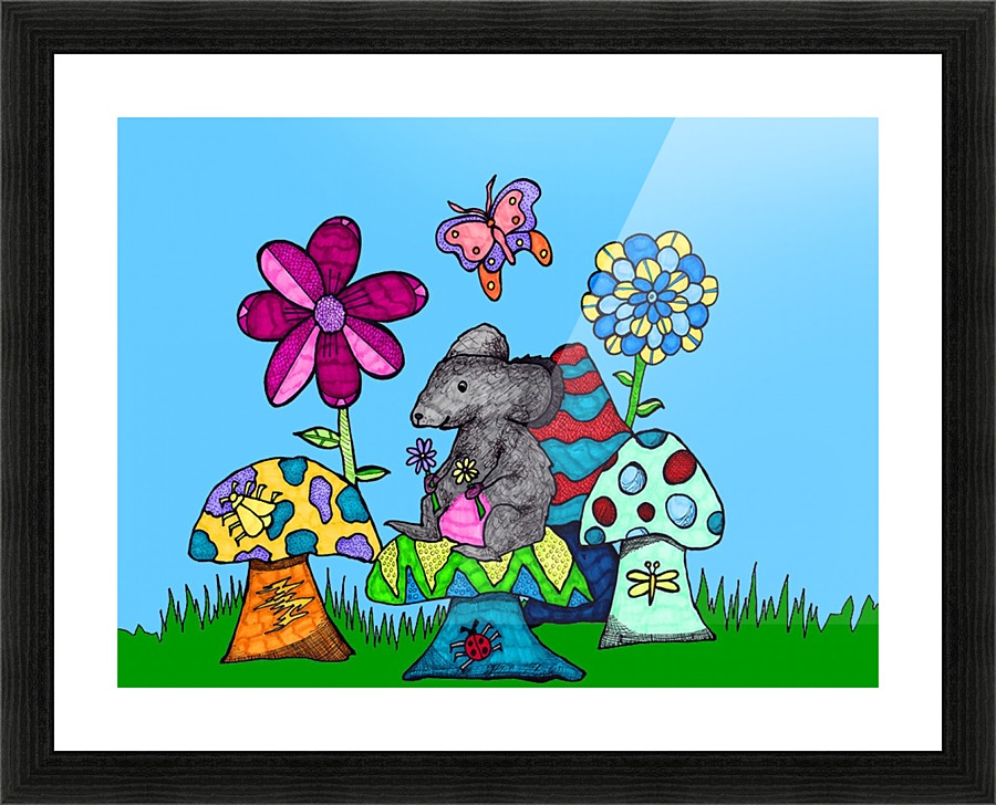 Mushroom mouse (blue background) Picture Frame print