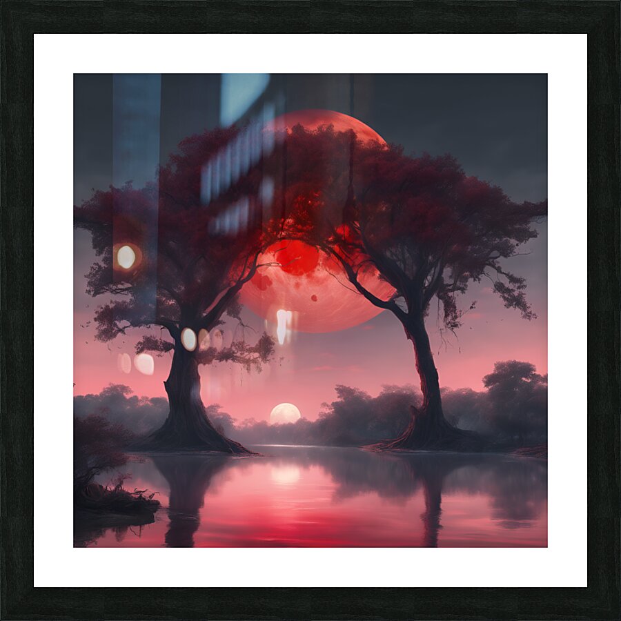 The red moon at twilight under large trees on a river of water Picture Frame print