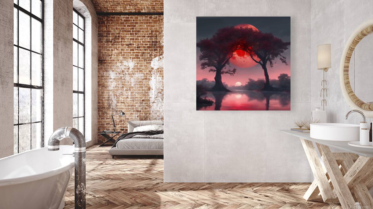 The red moon at twilight under large trees on a river of water Reproduction