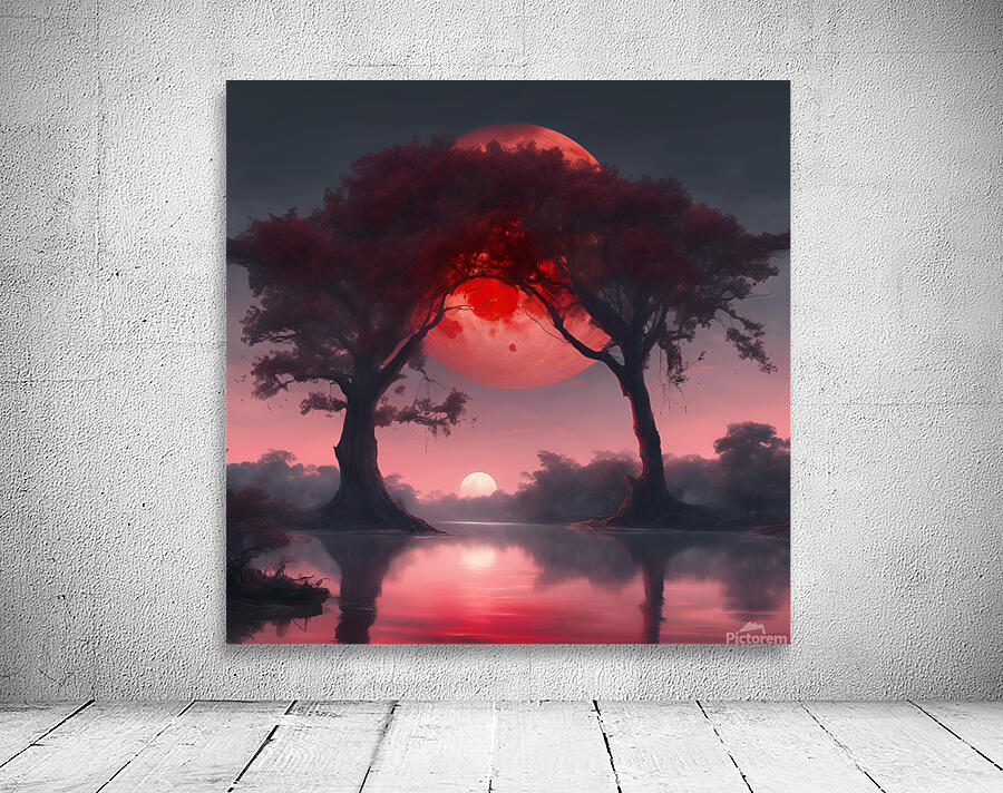 The red moon at twilight under large trees on a river of water Wall Preview