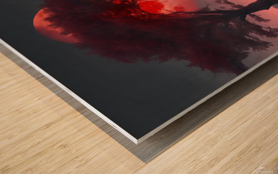 The red moon at twilight under large trees on a river of water Wood print
