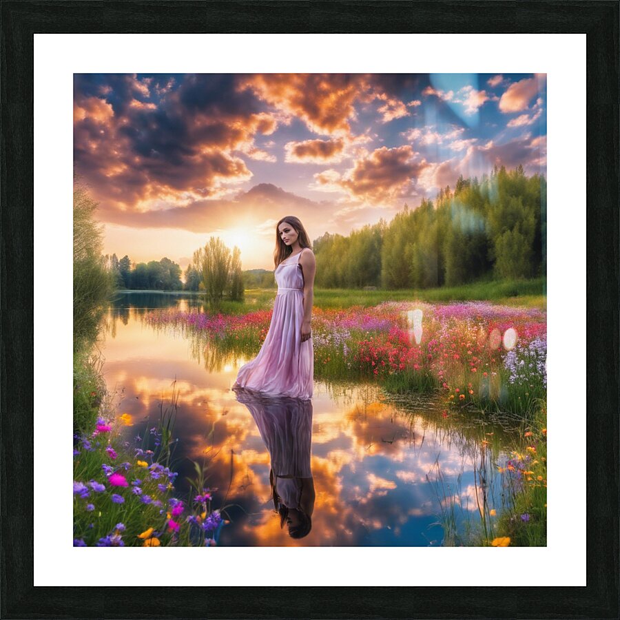 Girl in the stream at sunset Picture Frame print