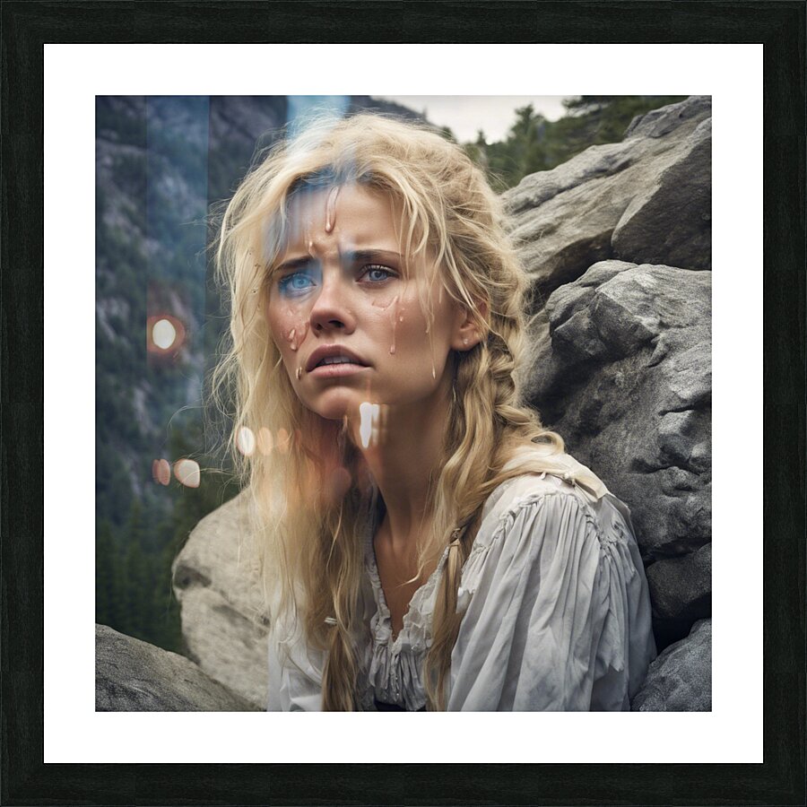 Shy blonde mountain girl on the big rock3 Picture Frame print