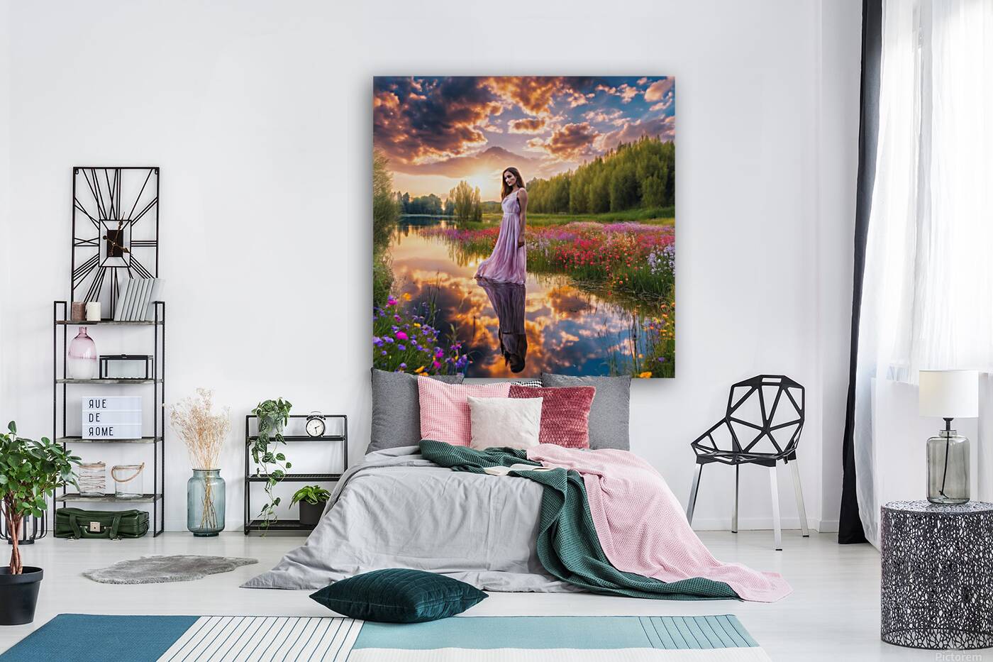 Girl in the stream at sunset Reproduction