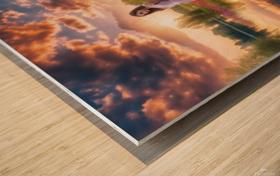 Girl in the stream at sunset Wood print