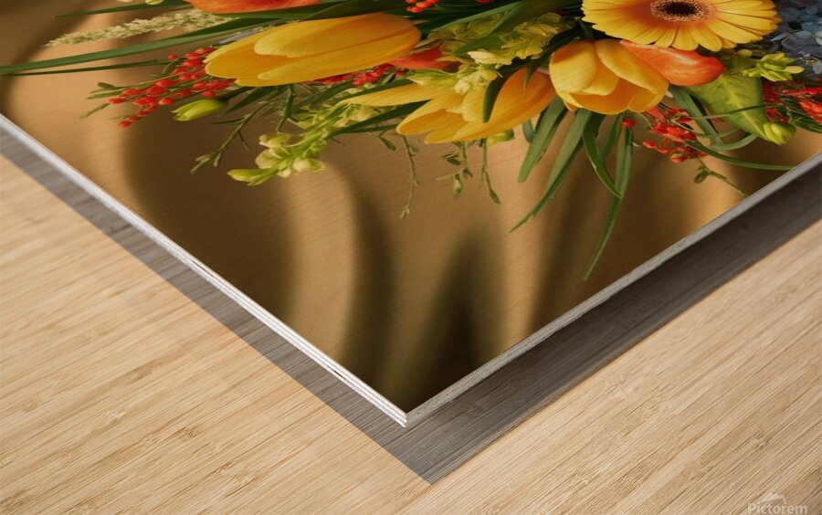 Bright yellow tulips and Gerbera Wood print
