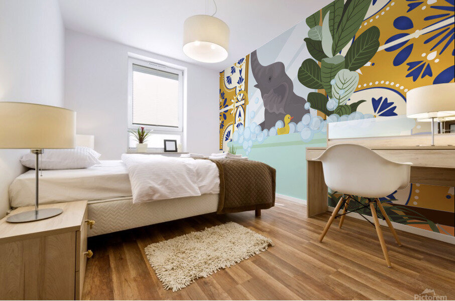 Elephant Taking a Bath Mural print