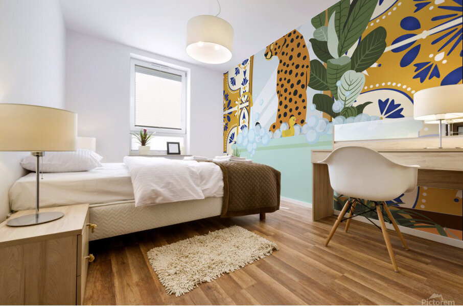 Cheetah Taking a Bubble Bath Mural print